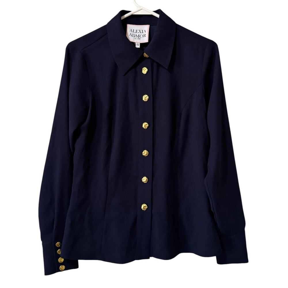 Alexia Admor Navy Long Sleeve Blouse Women Size 6 Gold-Tone Buttons Lux Work Top